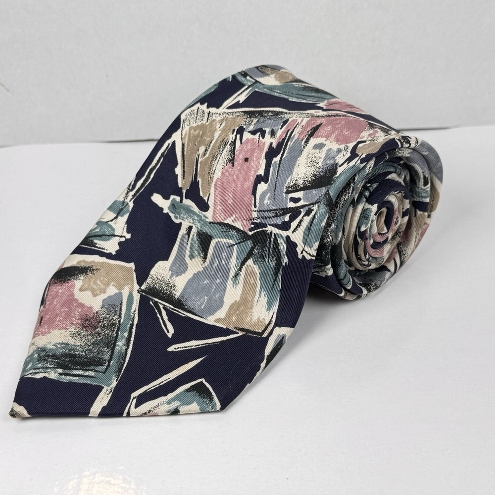 Oscar de la Renta Silk Tie – Navy Blue Abstract Brushstroke Print Pink Teal Tan